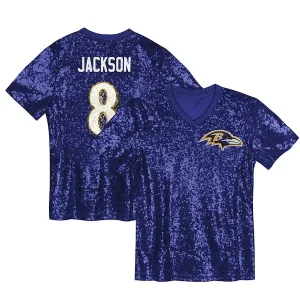 Lamar Jackson Baltimore Ravens Girls Youth Sequin V-Neck Fashion Jersey - Purple